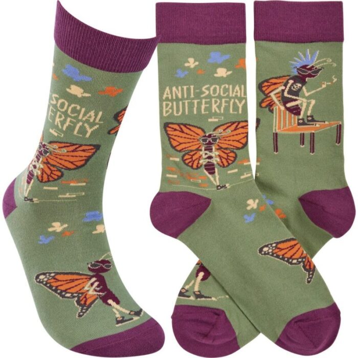 Anti Social Butterfly Funny Socks in Purple Unisex 3