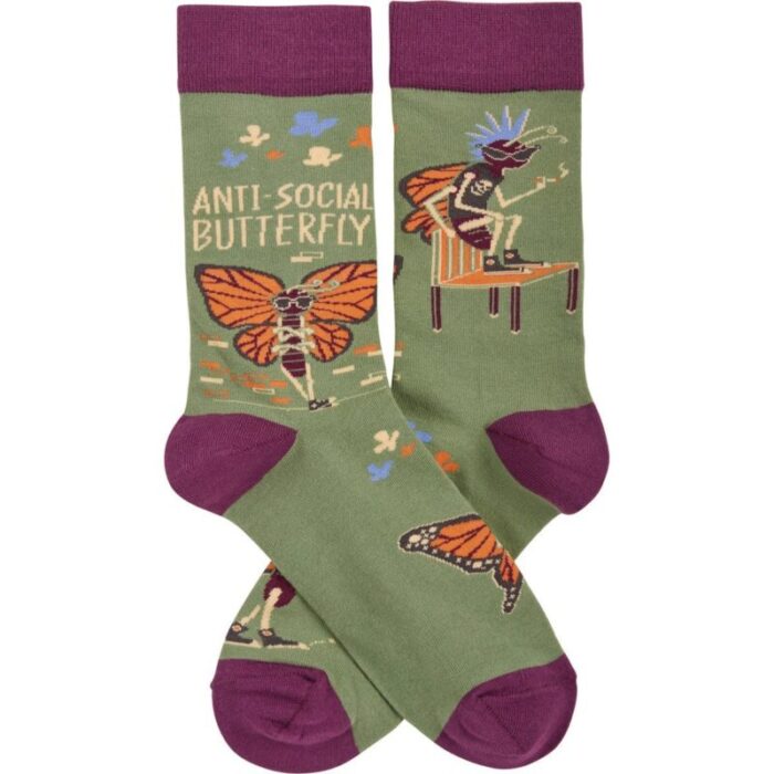 Anti Social Butterfly Funny Socks in Purple