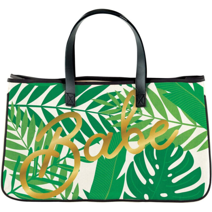 Babe Palm Leaves Large Rectangular Tote Bag Genuine Leather Handles 2