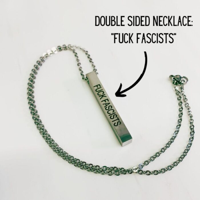 Burn the Patriarchy Fuck Fascists Stainless Steel Bar Necklace Minimalist Feminism Pendant Engraved on Two Sides 2