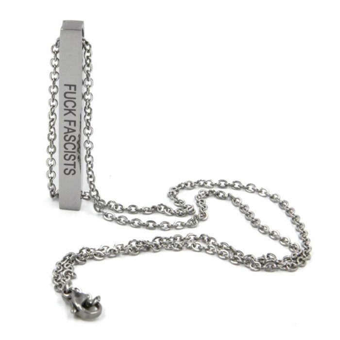 Burn the Patriarchy Fuck Fascists Stainless Steel Bar Necklace Minimalist Feminism Pendant Engraved on Two Sides 4