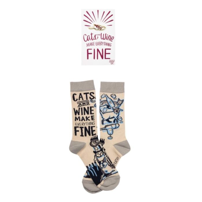 Cats And Wine Make Everything Fine Enamel Pin and Socks Gift Set Bundle