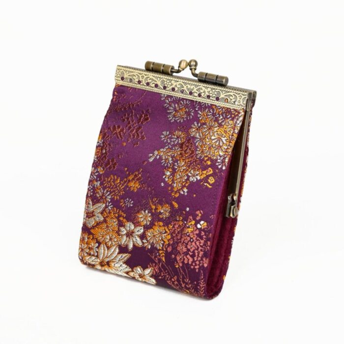 Credit Card Holder in Dark Plum Brocade Small Floral Pattern 10 Slots RFID Blocking