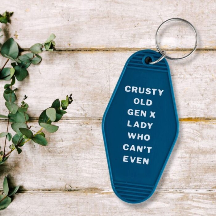 Crusty Old Gen X Lady Who Cant Even Motel Keychain in Blue