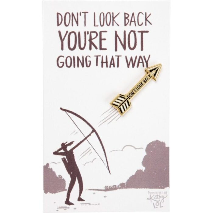 Dont Look Back Arrow Enamel Pin in Gold on Gift Card