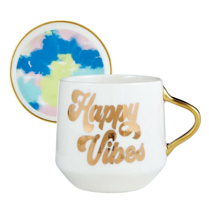 Happy Vibes Mug Coaster Lid in Groovy Tie Dye