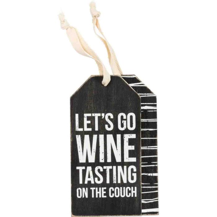 Lets Go Wine Tasting on the Couch Wooden Bottle Tag Rustic scaled