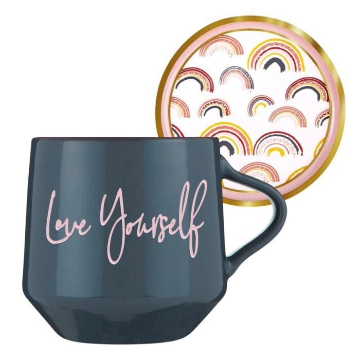 Love Yourself Mug Coaster Lid with Rainbow Design