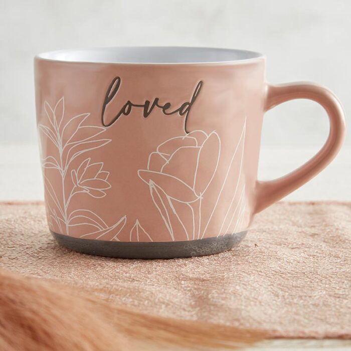 Loved Stoneware Hand Painted Cozy Mug in Peach Coffee Tea Floral Design Cup 15oz 3