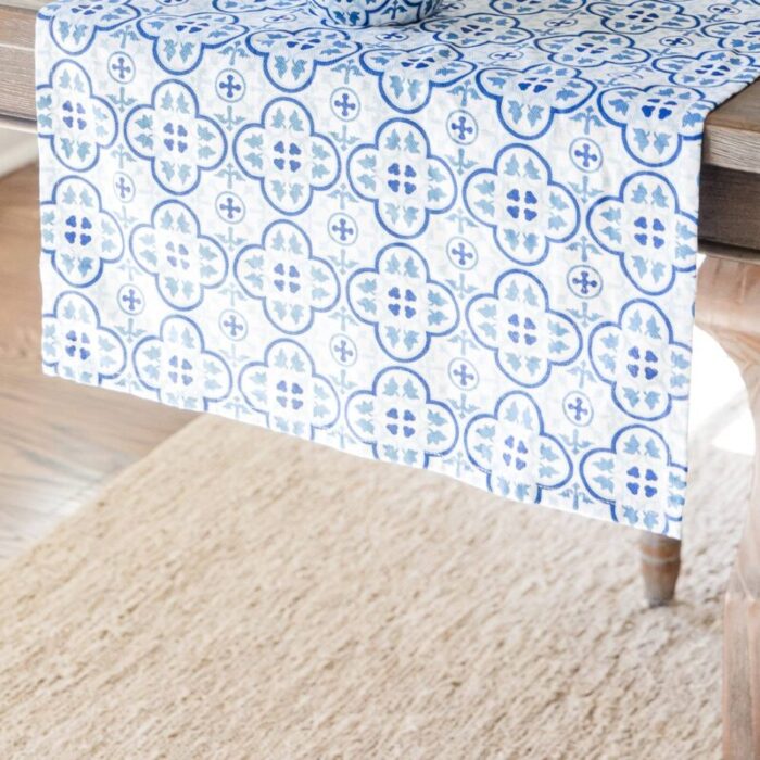 Moroccan Table Runner in Blue White Colors Geometric Tile Pattern Cotton Mat 2