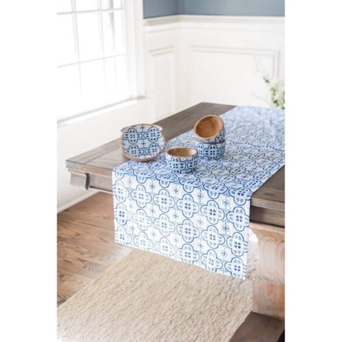 Moroccan Table Runner in Blue White Colors Geometric Tile Pattern Cotton Mat