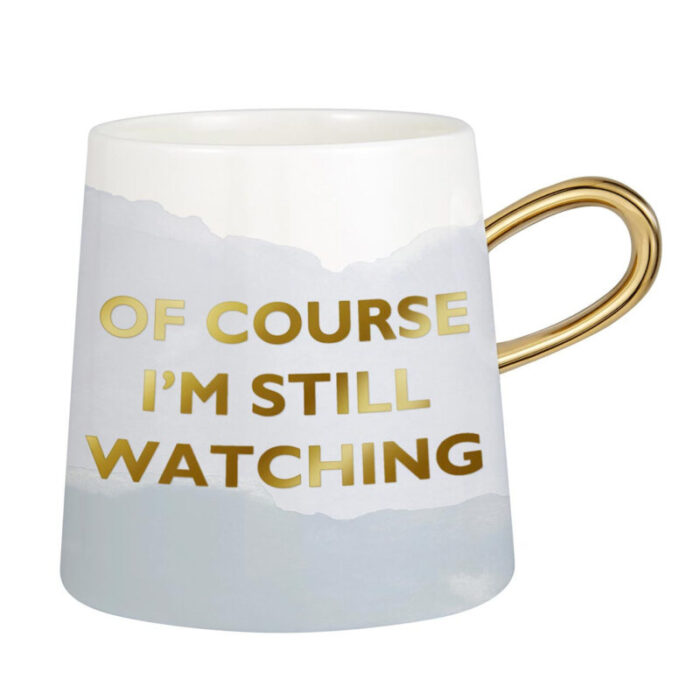 Of Course Im Still Watching Netflix Themed Funny Tapered Mug 11 oz White and Blue Watercolor 4