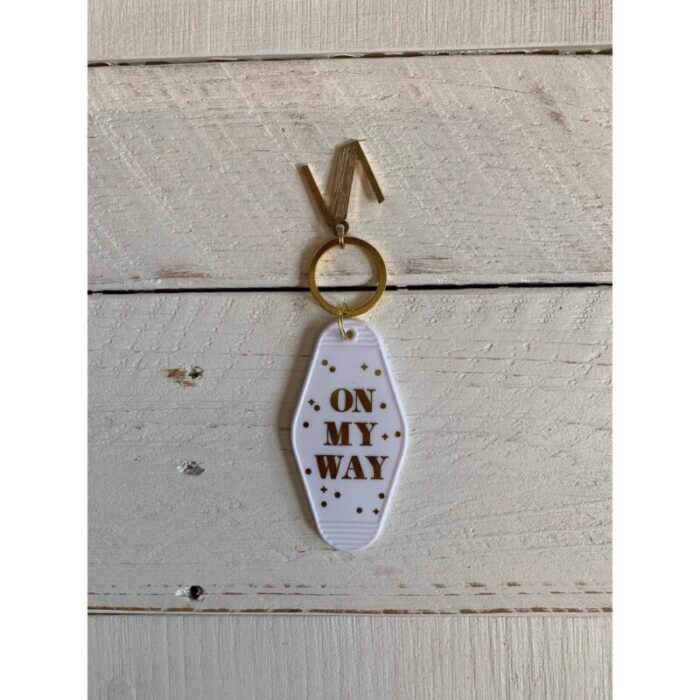 On My Way White Motel Keychain Key Tag Acrylic 2