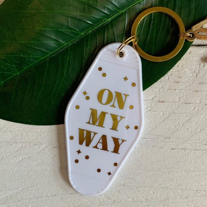 On My Way White Motel Keychain Key Tag Acrylic