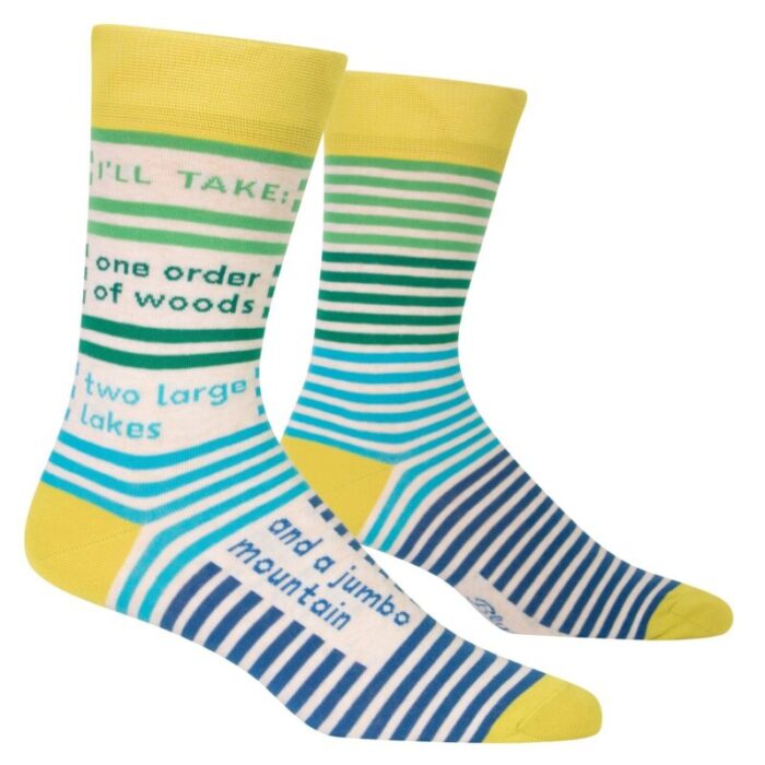 One Order Of Woods Two Large Lakes And A Jumbo Mountain Mens Crew Socks in Stripes BlueQ at GetBullish