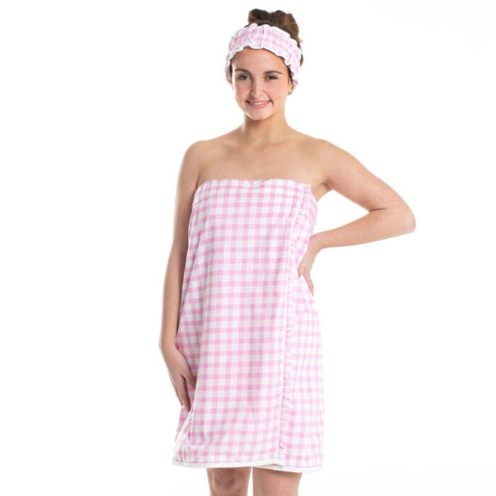 Pink Gingham Spa Wrap and Headband Set Bath Body Towel Shower 6