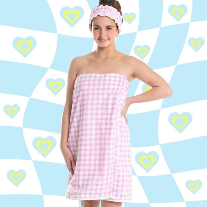 Pink Gingham Spa Wrap and Headband Set Bath Body Towel Shower