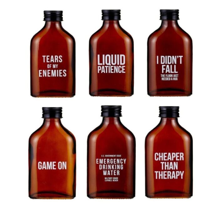 Set of 6 Amber Glass Mini Flasks Tears of My Enemies Liquid Patience Cheaper Than Therapy Etc