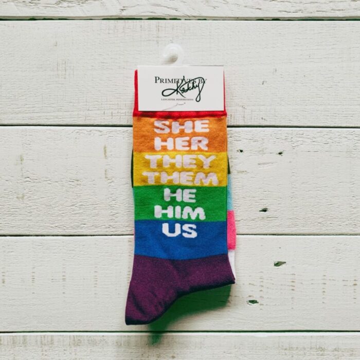 She Her They Them He Him Us Pronoun Socks Pride LGBTQ Rainbow Pattern Socks 3