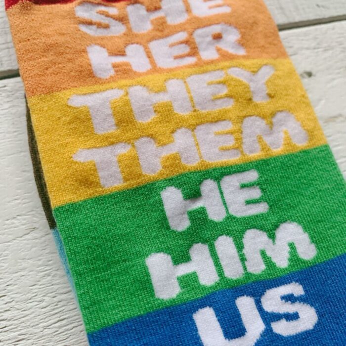 She Her They Them He Him Us Pronoun Socks Pride LGBTQ Rainbow Pattern Socks 4