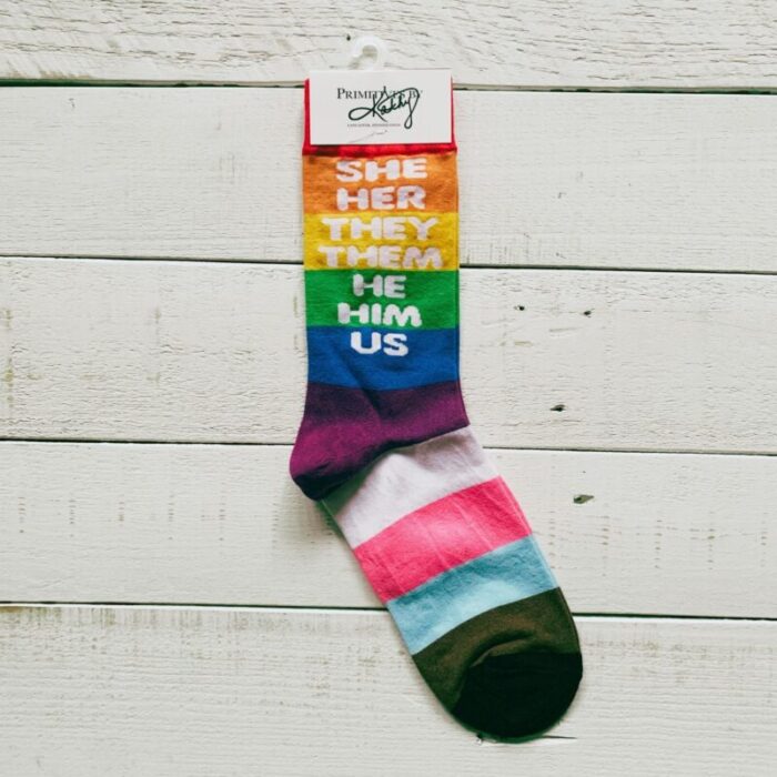 She Her They Them He Him Us Pronoun Socks Pride LGBTQ Rainbow Pattern Socks