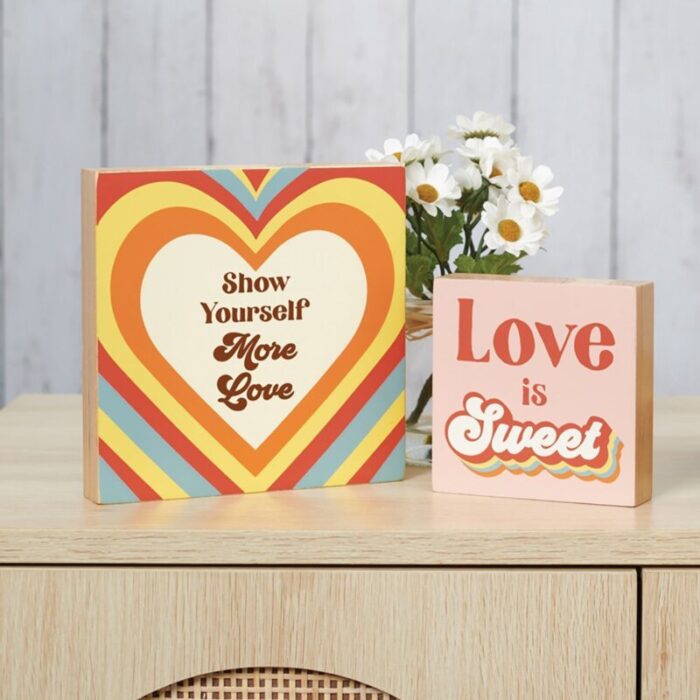 Show Yourself More Love Block Sign Retro Hearts 6 x 6 2