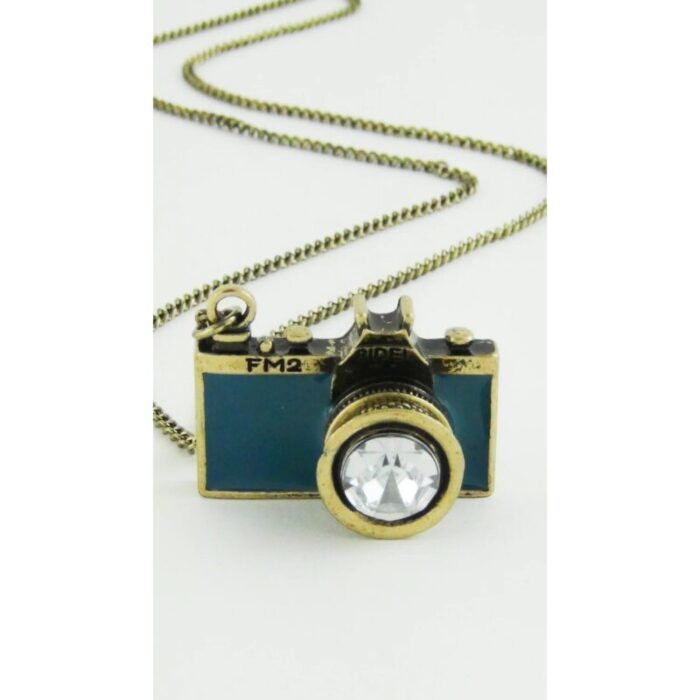 Vintage Camera Necklace in Teal Antique Brass Long Chain Gift Box 3