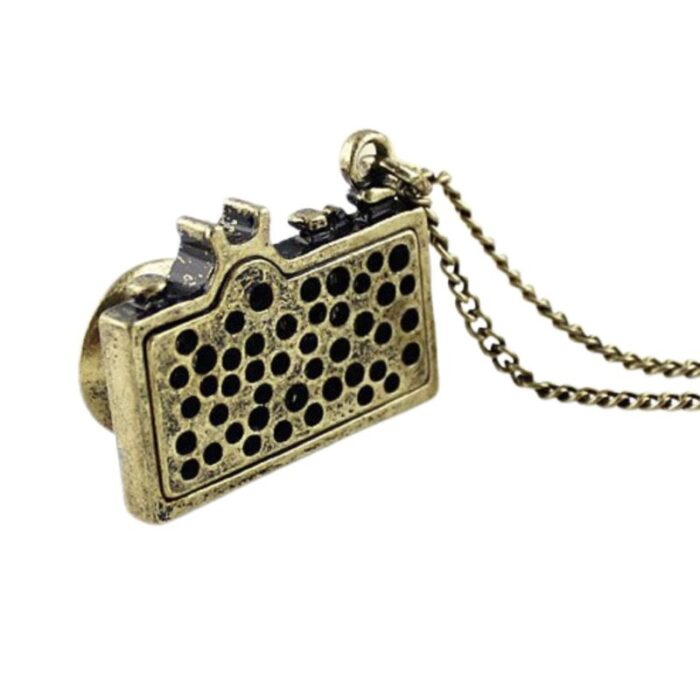 Vintage Camera Necklace in Teal Antique Brass Long Chain Gift Box 4